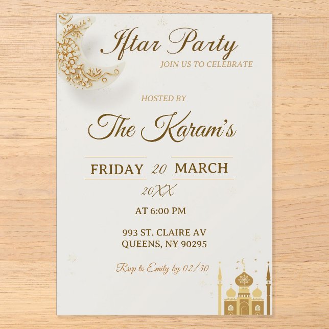 Boho Beige Minimalist Moschee Ramadan Iftar-Party  Acryleinladungen (Vorderseite)