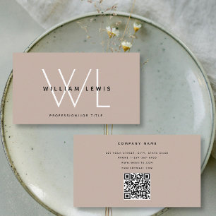 Boho Beige Monogram Moderner Minimalistischer QR C Visitenkarte
