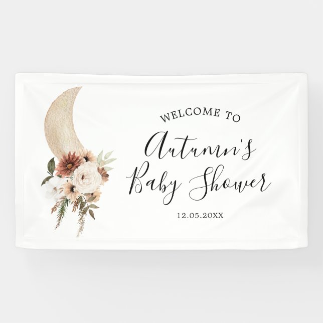 Boho Beige Moon Floral Baby Dusche Große Banner (Horizontal)