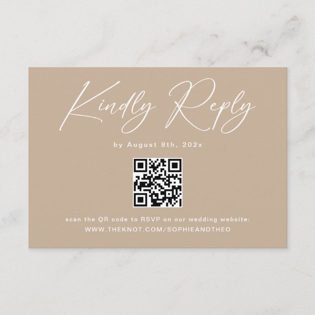 Boho Beige Neutral Wedding RSVP Qr Code Begleitkarte (Vorderseite)
