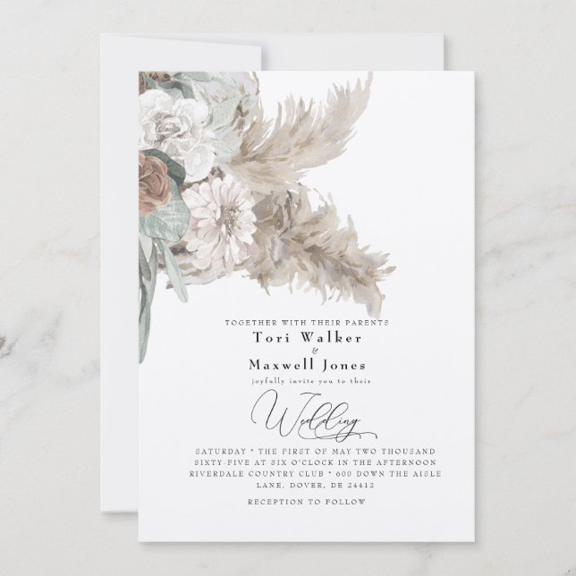 Boho Beige Pampas No Parents Ecru Wedding Einladung (Vorderseite)