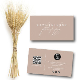 Boho Beige Signature Script QR Code Social Media Visitenkarte