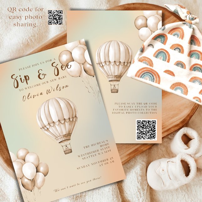 Boho Beige Sip and See Einladung mit QR-Code (Von Creator hochgeladen)