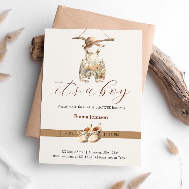 Boho Beige Tan Brown White Boy Baby Dusche Einladung (Boho Beige Tan Brown White Boy Baby Shower Invitation)