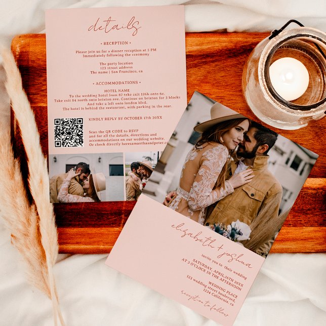 Boho beige terracotta 4 Foto Qr alle in 1 Hochzeit Einladung (Modern black white 4 photo Qr all in one wedding Invitation on blush pink)