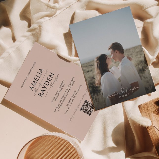 Boho Beige Typografie Script Foto QR Code Wedding Einladung (Von Creator hochgeladen)