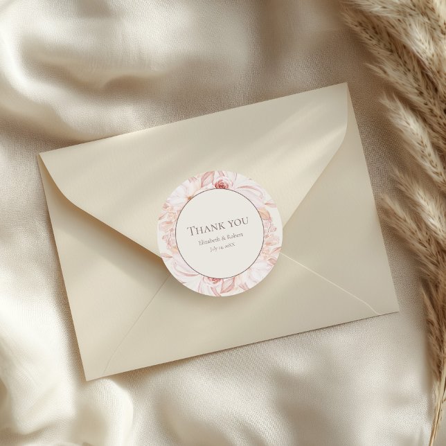 Boho Beige und Pink Floral Wedding Vielen Dank Runder Aufkleber (Boho Beige and Pink Floral Wedding Thank You Classic Round Sticker on an elegant wedding envelope.)