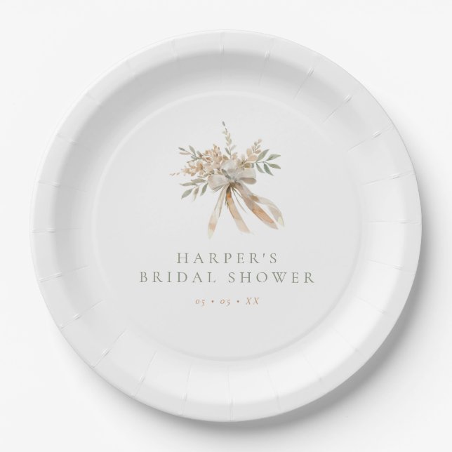 Boho Beige- und Salbeiblumen- und Schleifen-Brautj Pappteller (Vorderseite)