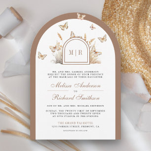 Boho Beige Wildblumen Schmetterling Bogen Hochzeit Einladung