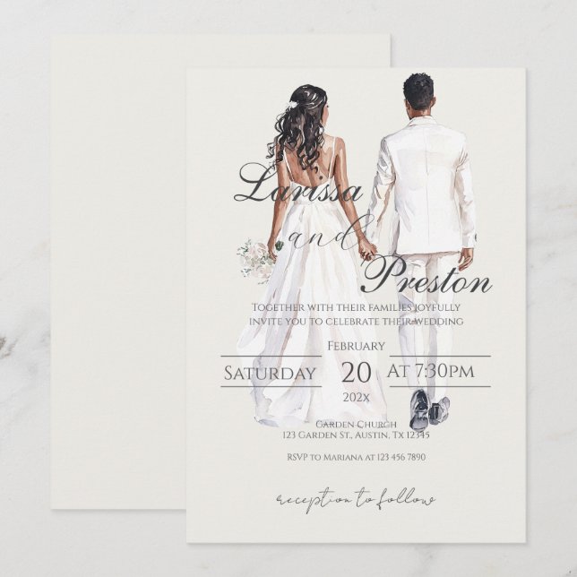 Boho beige with bride and groom wedding einladung (Vorne/Hinten)