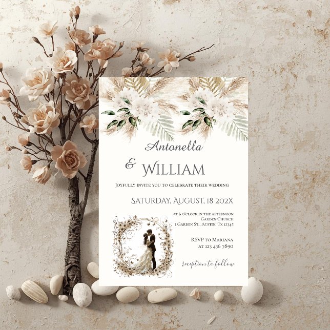 Boho beige with bride and groom wedding einladung (Von Creator hochgeladen)