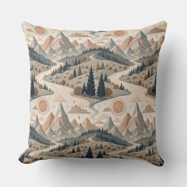 Boho-Bergfluss-Abstraktes Landschaftsmuster Kunst Kissen (Vorderseite)