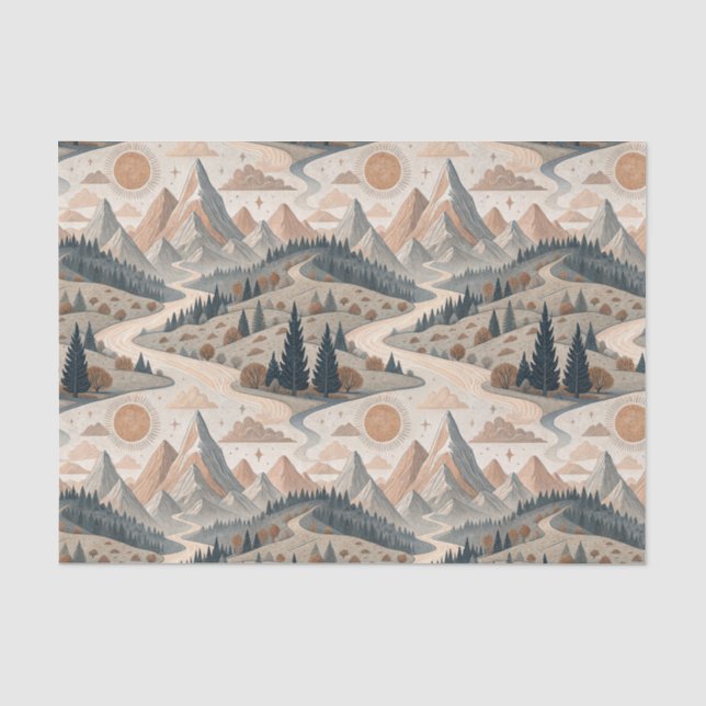 Boho-Bergfluss-Abstraktes Landschaftsmuster Kunst Seidenpapier (Vorderseite)
