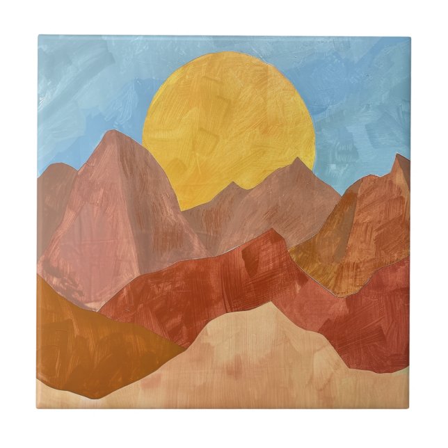 Boho-Bergsonneuntergang – Warme Erdtöne-Landschaft Fliese (Vorderseite)
