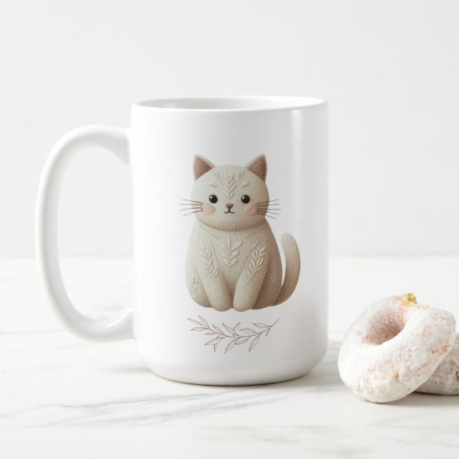 Boho bestickt Beige Kitty mit Blätter Kaffeetasse (Mit Donut)