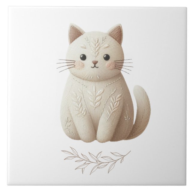 Boho bestickte Beige Kitty mit Leaf-Detail Fliese (Vorderseite)