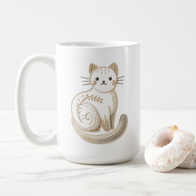 Boho bestickte neutrale Kitty Cat Kaffeetasse (Mit Donut)