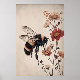 Boho-Biene im roten Blumenprint, Vintage-Botanik Poster