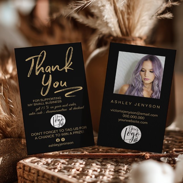 Boho Black and Gold Script Photo Thank You Logo Visitenkarte (Boho Black and Gold Script Photo Thank You Logo Business Card)