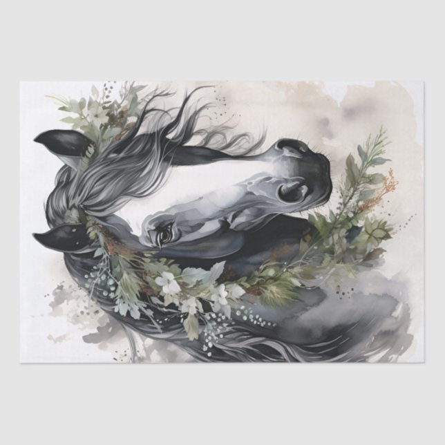 Boho Black and White Floral Horse Seidenpapier (Vorderseite)