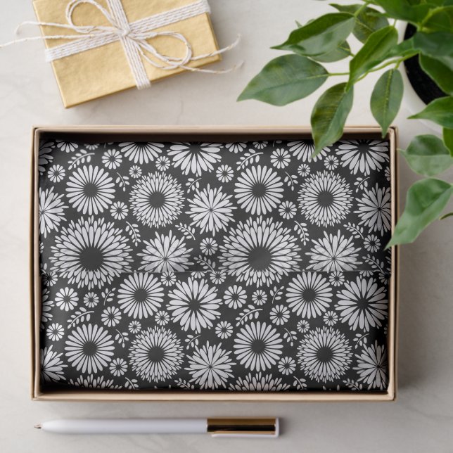 Boho Black and White Folk Flower Starburst Pattern Seidenpapier (Geschenk)