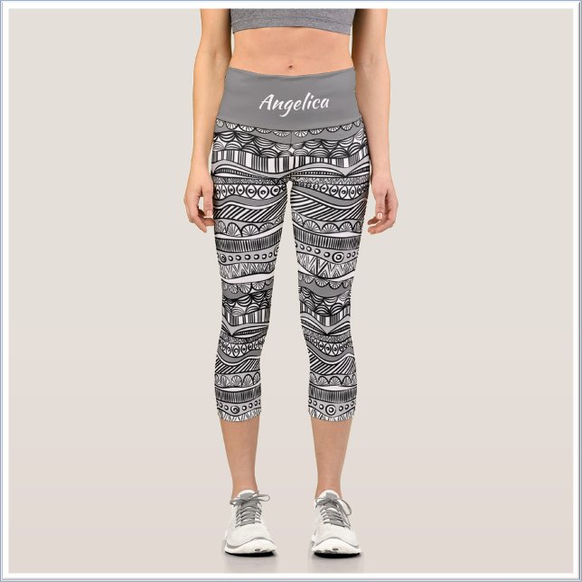 Boho Black and White Tribal Print Capri Leggings (Bookmark my store! https://www.zazzle.com/store/capricepetit)