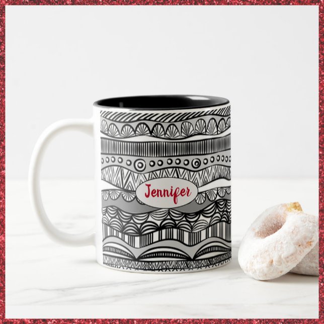 Boho Black and White Tribal Print Two-Tone-Kaffee Zweifarbige Tasse (Von Creator hochgeladen)