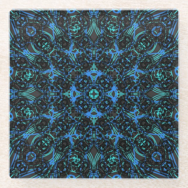 Boho Black & Blue Diamond Ketten Layered-Muster Glasuntersetzer (Vorderseite)