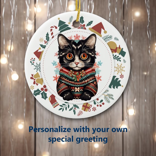 Boho Black Cat im Winter Sweater Christmas Keramik Ornament (Von Creator hochgeladen)