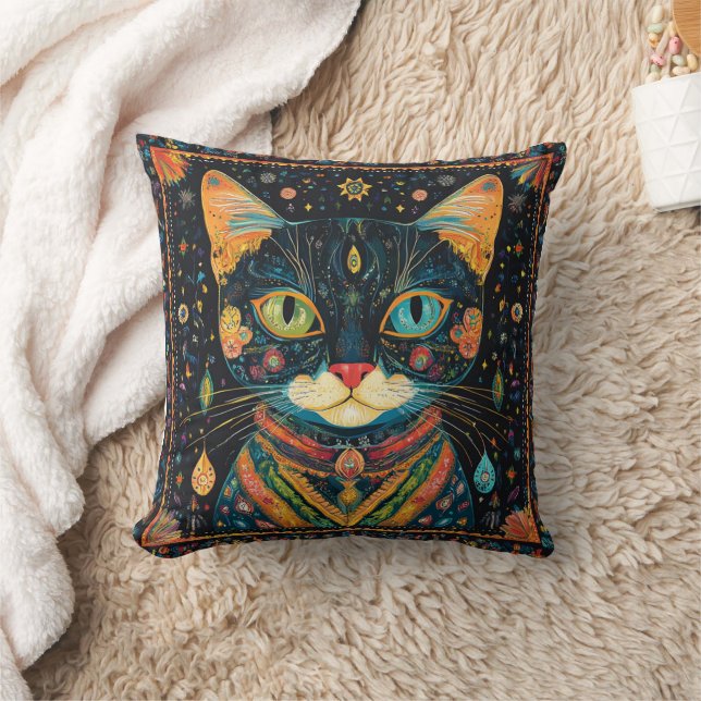 Boho Black Cat Pattern Throw Kissen (Decke)
