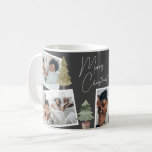 Boho Black Christmas Foto Collage Pine Trees Kaffeetasse<br><div class="desc">Begrüßen Sie Ihre Freunde und Liebsten mit dieser modernen,  eleganten,  schwarzen Weihnachtsfeier-Tasse mit vier hübschen Fotos Ihrer Familie in einer ungewöhnlichen Kollage,  die mit handgemalten Aquarellkiefern geschmückt ist. (Die Platzierung Fotos sind von Pexeln fotografiert von Ketut Subiyanto und nur für Probe. Bitte ersetzen Sie es mit Ihrem eigenen.)</div>