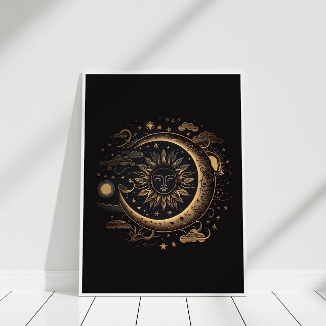 Boho Black Copper Sun und Moon Wall Art Poster (Boho Black Copper Sun and Moon Wall Art in a white frame against white wall.)