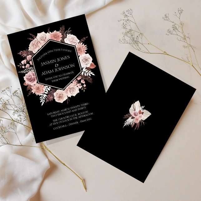 Boho Black Dusty Pink Getrocknete Blume Wreath Wed Einladung (Boho Black Dusty Pink Dried Flowers Wreath Wedding Invitation)