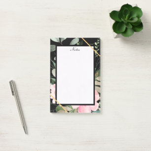 Boho Black Floral Notepad mit Gold Post-it Klebezettel