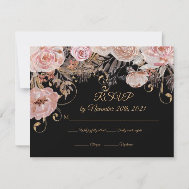 Boho Black Floral Pink Rose Gold UAWG Custom RSVP Karte (Vorderseite)