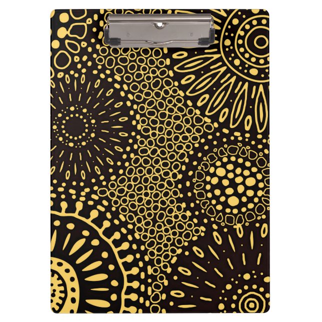 Boho Black Gold Ethnic Floral Pattern Clipboard Klemmbrett (Vorderseite)