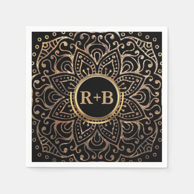 Boho Black Gold Foil Mandala Wedding Monogram Serviette (Vorderseite)