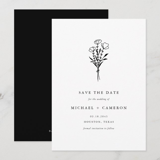 Boho Black Minimalistisch Botanical Bouquet Save The Date (Vorne/Hinten)
