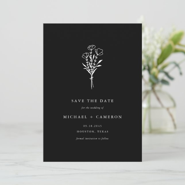 Boho Black Minimalistisch Botanical Bouquet Save The Date (Stehend Vorderseite)