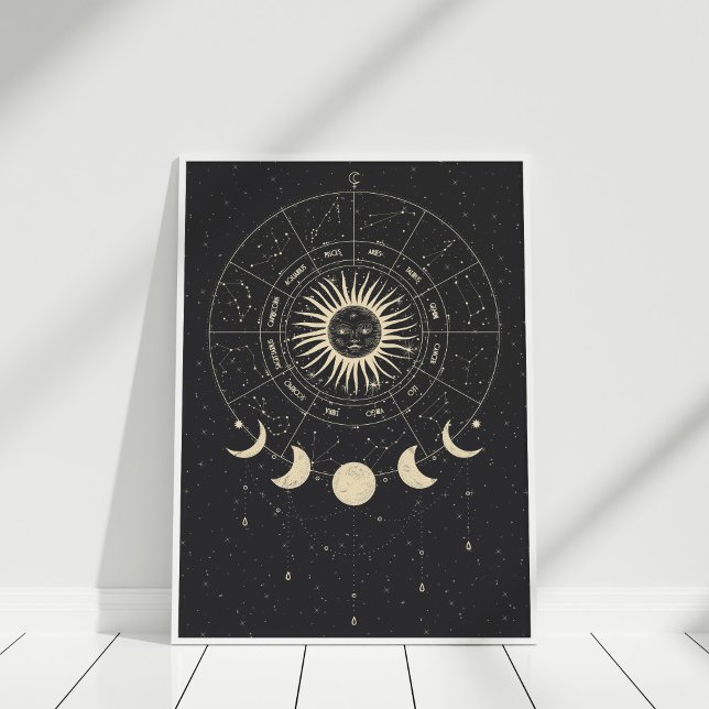 Boho Black und Beige Zodiac Moon Phases Poster (Boho Black and Beige Zodiac Moon Phases Poster in a white frame against white wall.)