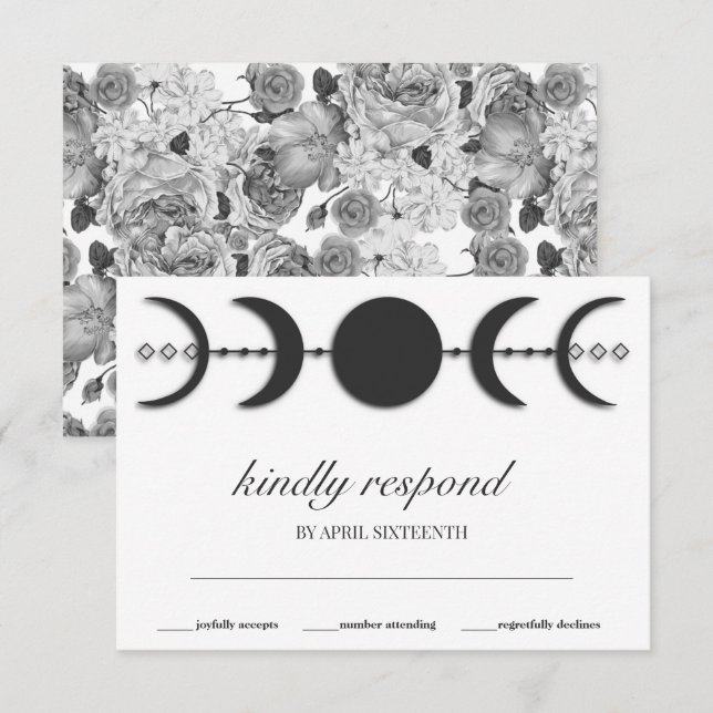 Boho Black & White Moon Phases RSVP Karte (Vorne/Hinten)