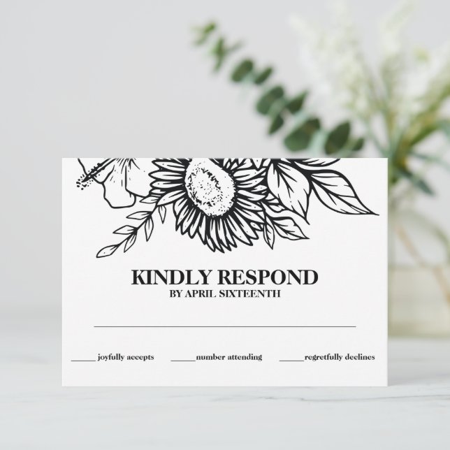 Boho Black & White Sunflower Bouquet Handfastet Begleitkarte (Stehend Vorderseite)