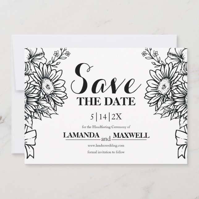 Boho Black & White Sunflower Bouquet Handfastet Save The Date (Vorderseite)
