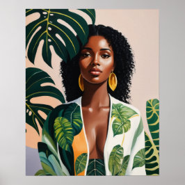 Boho Black Woman Botanical Portrait Poster