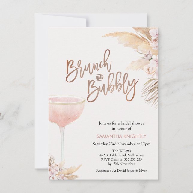 Boho Bläserglas Brunch Bubbly Brautparty Einladung (Vorderseite)
