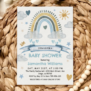 Boho Blau Aquarell Regenbogen Baby Shower Einladung