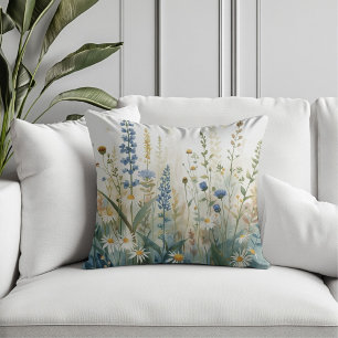 Boho Blau Grün Gold Wildblumengarten Druck Kissen