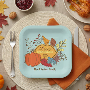 Boho-Blau-Herbstlaub-Familien-Thanksgiving Pappteller