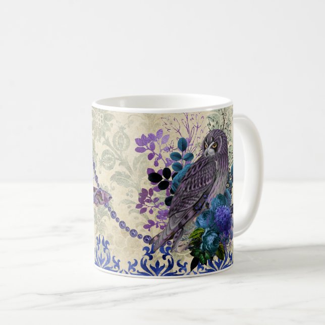 Boho Blau Lila Eule Mond Kaffeetasse (VorderseiteRechts)