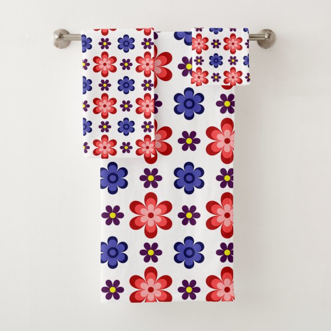 Boho Blau Lila Rote Blumen Badetuch-Set Badhandtuch Set (Insitu)